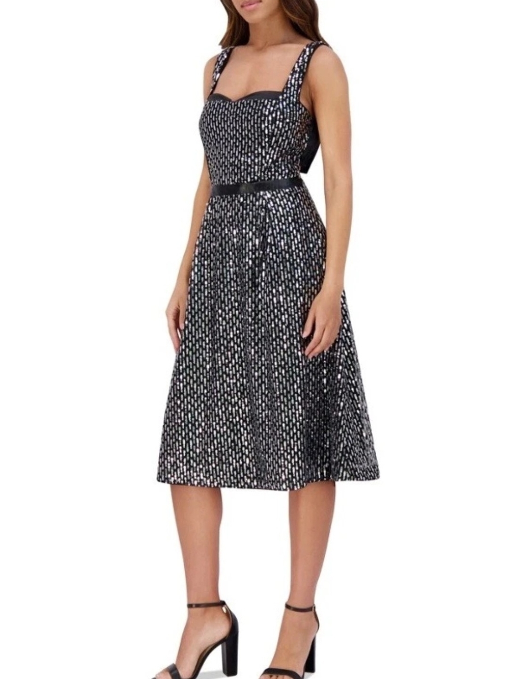 Kensie Black & Silver Dotted Sweetheart Midi Dress - Picture 2 of 8